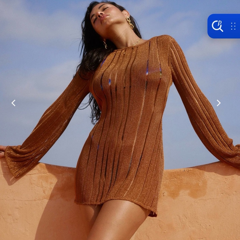 Bydee Knit Mini Dress Brown Sheer Beach Cover Up NWT XS
